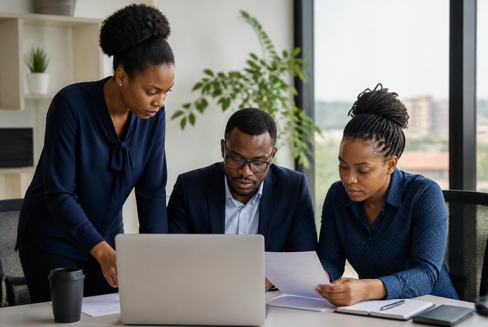 An HR team reviewing candidate applications together on a laptop